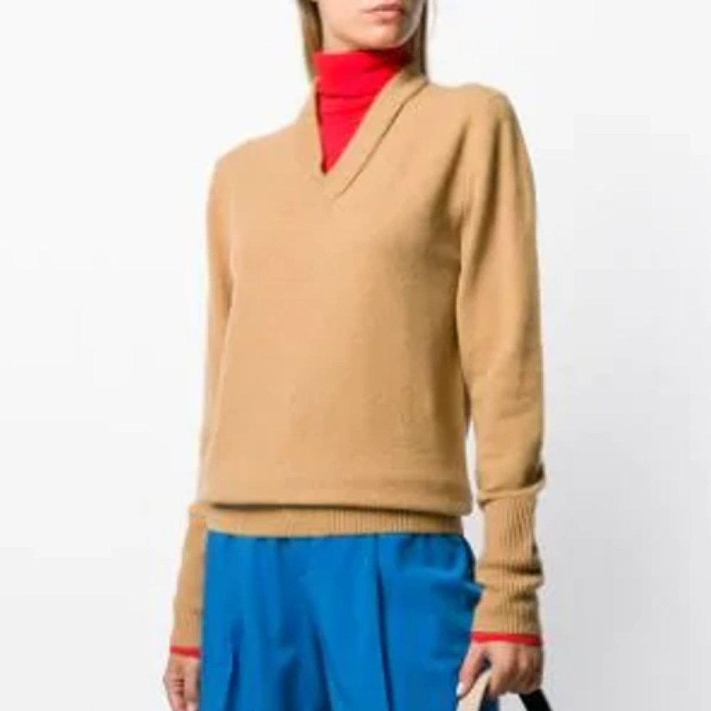 Joseph Layered V-Neck Turtleneck Wool Blend Sweater Camel Red Colorblock S